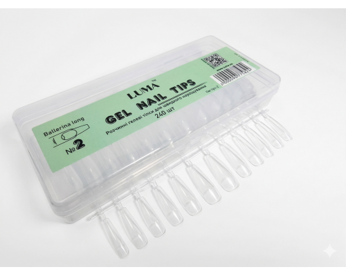 Luma Gel nail tips №02 Ballerina long, гелеві тіпси розчинні,ф-ма балерина довга, 240 шт/уп