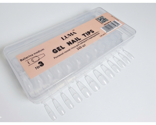 Luma Gel nail tips №03 Ballerina medium, гелеві тіпси розчинні,ф-ма балерина середня, 240 шт/уп