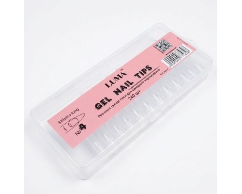 Luma Gel nail tips №04 Stiletto long, гелеві тіпси розчинні,ф-ма стилет довгий, 240 шт/уп