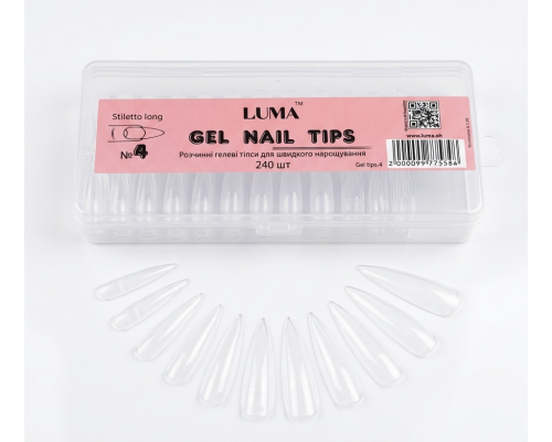 Luma Gel nail tips №04 Stiletto long, гелеві тіпси розчинні,ф-ма стилет довгий, 240 шт/уп