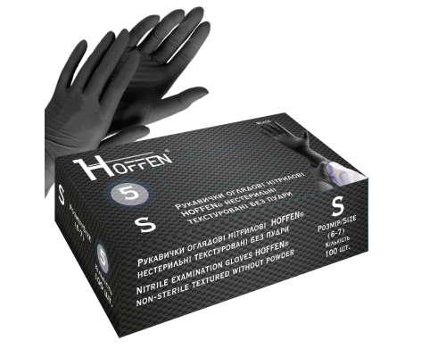 Рукавички оглядові нітрилові чорні HOFFEN нестерильні текстуровані  5г без пудри р.S