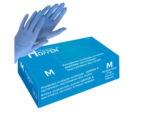 Рукавички оглядові нітрилові сині HOFFEN нестерильні текстуровані без пудри р.М