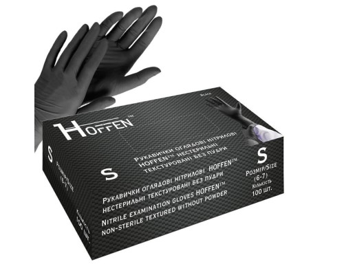 Рукавички оглядові нітрилові чорні HOFFEN нестерильні текстуровані без пудри р.S