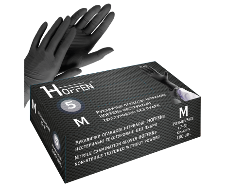 Рукавички оглядові нітрилові чорні HOFFEN нестерильні текстуровані  5г без пудри р.М