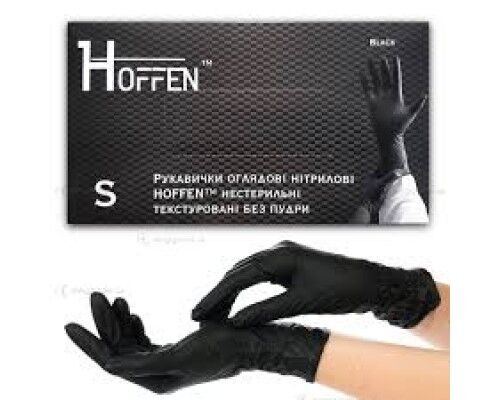 Рукавички оглядові нітрилові чорні HOFFEN нестерильні текстуровані без пудри р.S (3 пари)