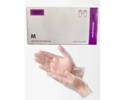 SEF Рукавички вінілові оглядові нестерильні неприпудрені гладкі прозорі неанатомічні, розмір M