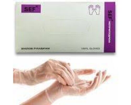 SEF Рукавички вінілові оглядові нестерильні неприпудрені гладкі прозорі неанатомічні, розмір M