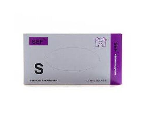 SEF Рукавички вінілові оглядові нестерильні неприпудрені гладкі прозорі неанатомічні, розмір S