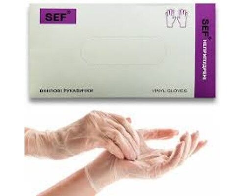 SEF Рукавички вінілові оглядові нестерильні неприпудрені гладкі прозорі неанатомічні, розмір S